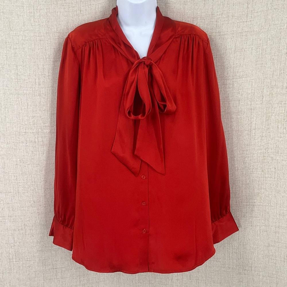 Talbots Blouse Women 14W Red 100% Silk Bow Tie Neck Long Sleeve Classic Luxury
